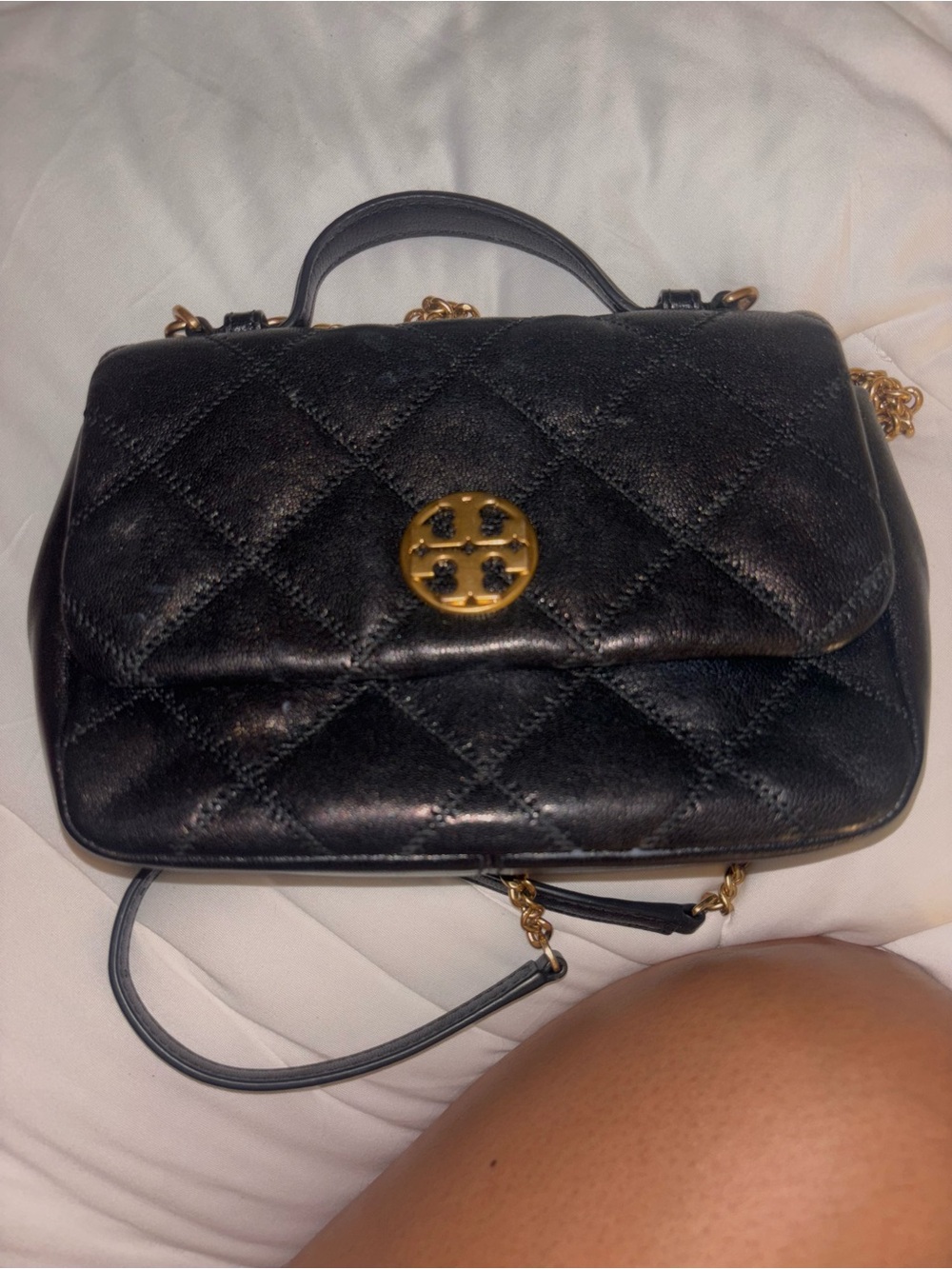 Tory Burch Quilted Black Leather Top-Handle Shoulder Bag with Gold Accent